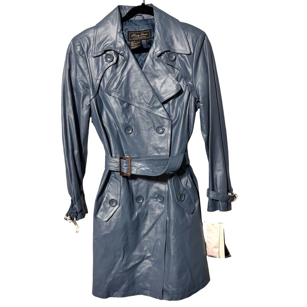 New Vintage TERRY LEWIS Classic Luxuries Blue Leather Coat Double Breasted